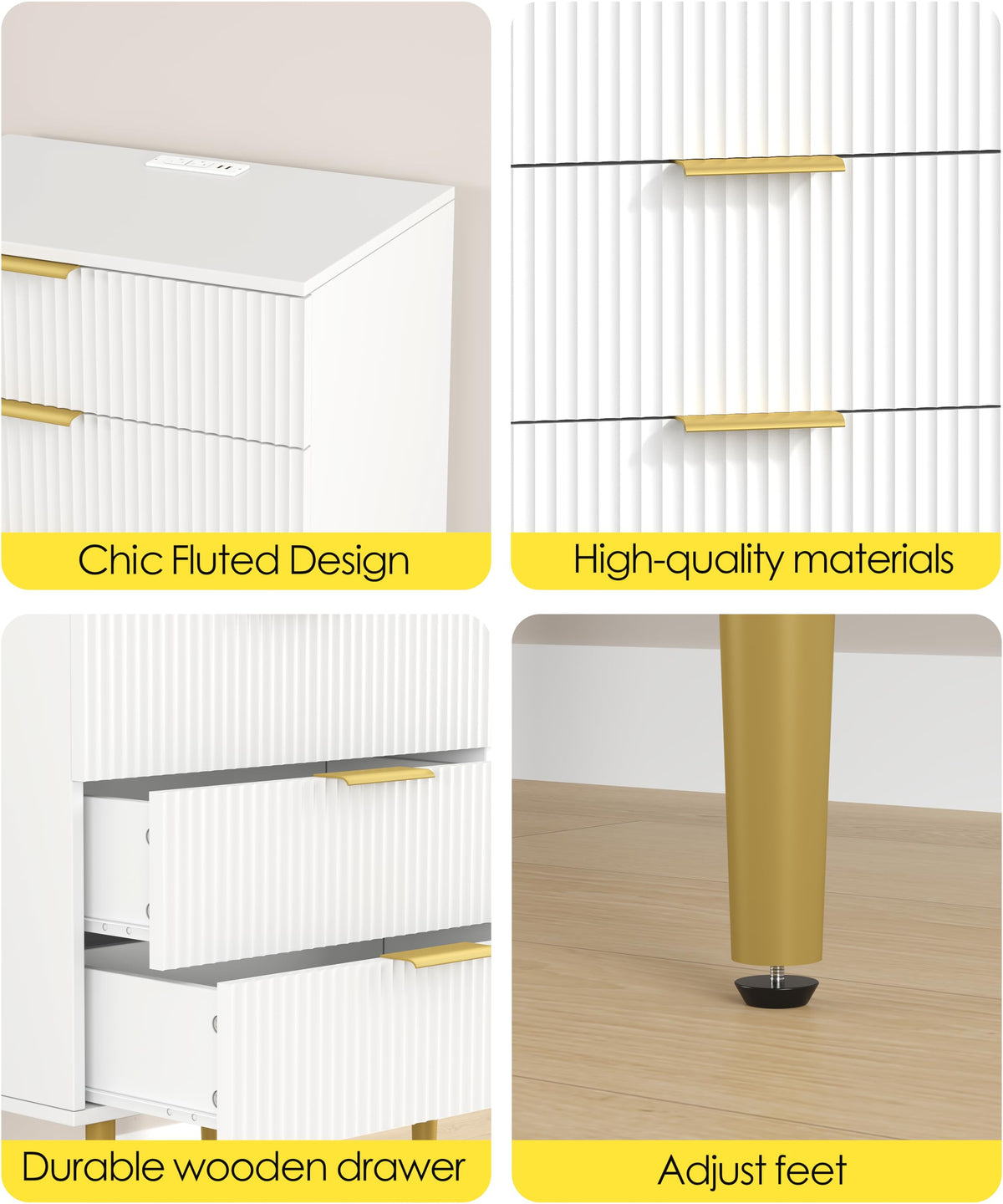 White Fluted Nightstand with Charging Station