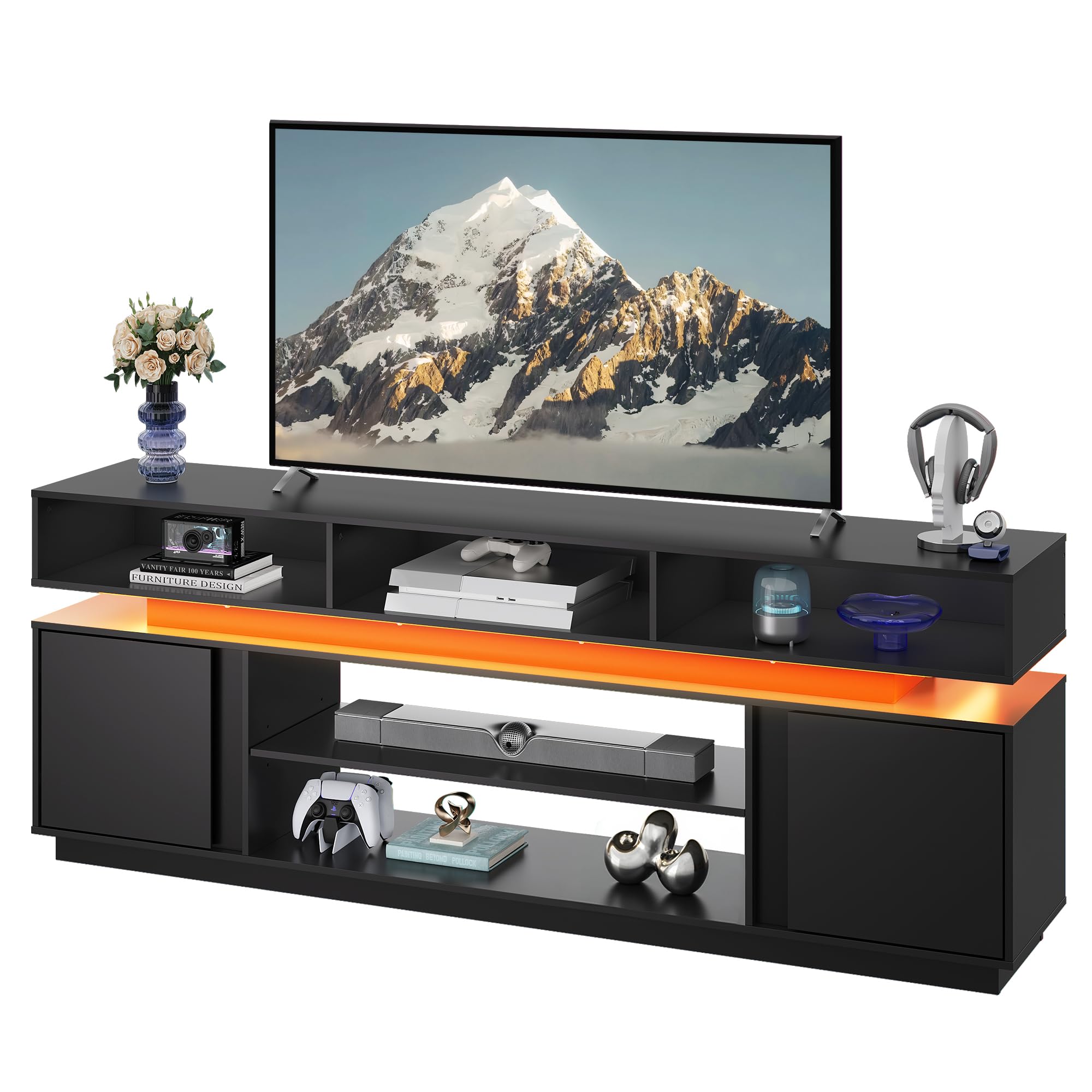68" TV Stand with LED Lights & Storage Cabinets