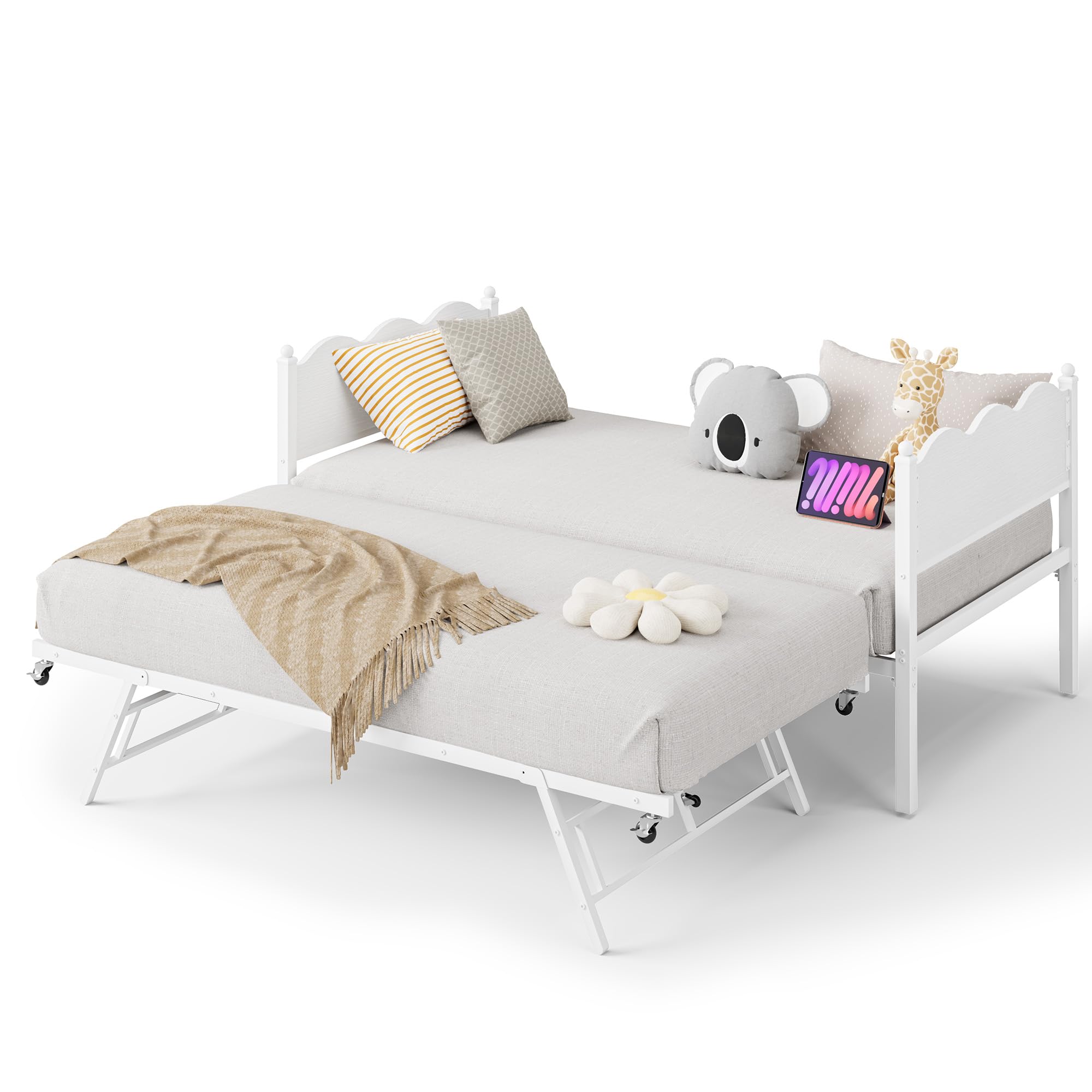 Garvee Twin Daybed with Trundle, Day Bed with Industrial Wood Grain Headboard, Steel Slats Support & Lockable Casters, Space-Saving & Multifunctional, Easy Assembly for Living Room, Bedroom, White