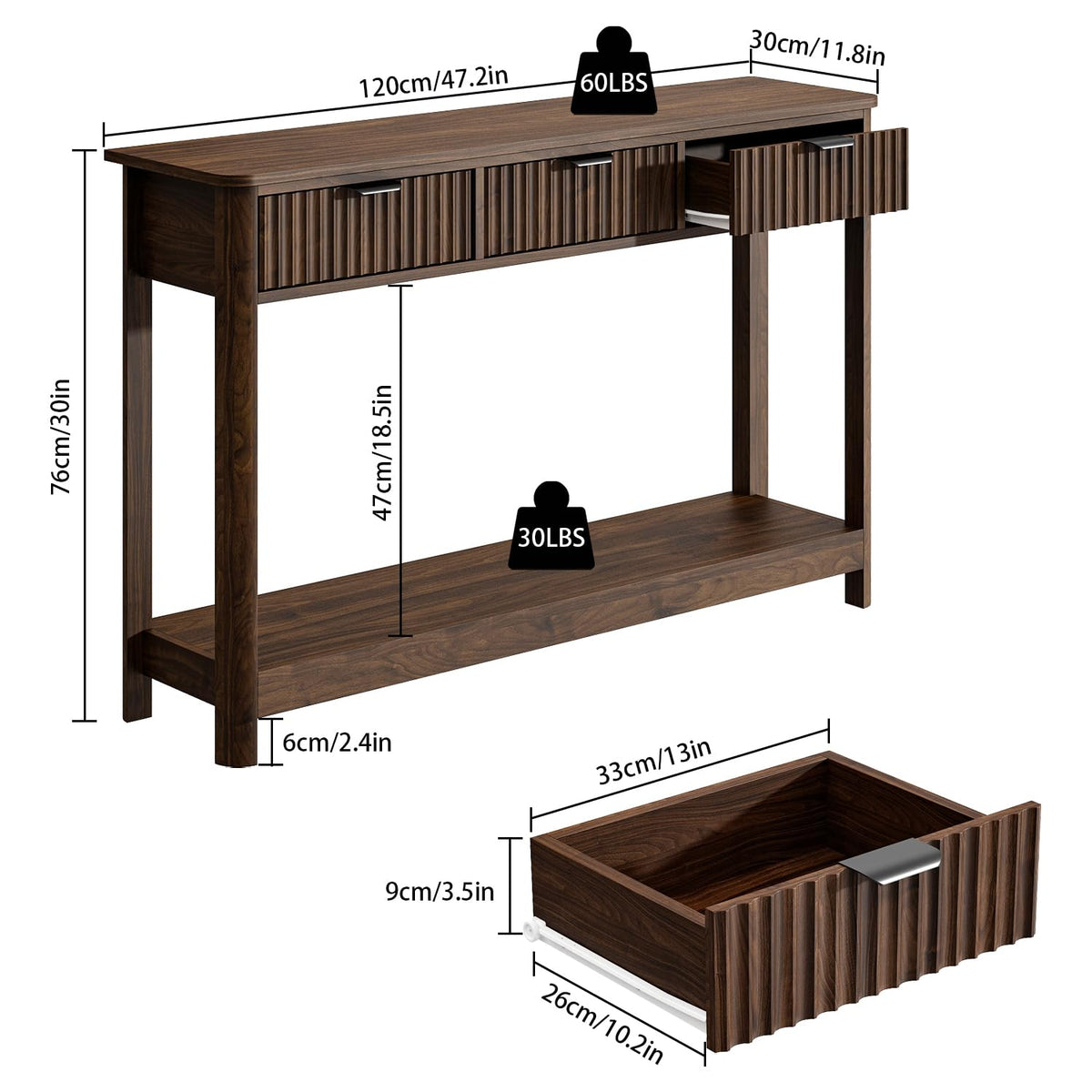 RUSTOWN Fluted Wood Console Table with 3 Drawers, 47.2" Boho Entryway Table
