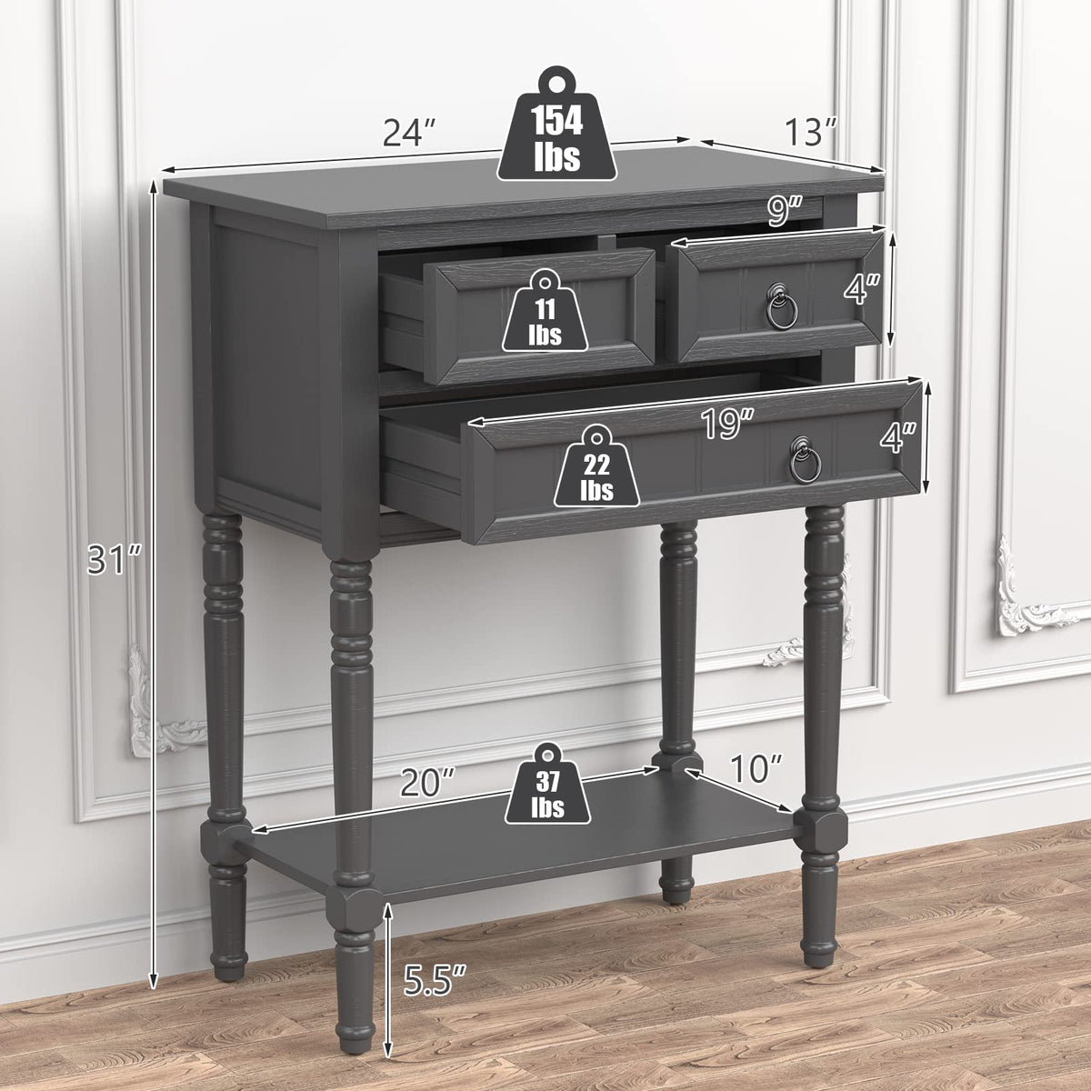 Gray Console Table with Drawers