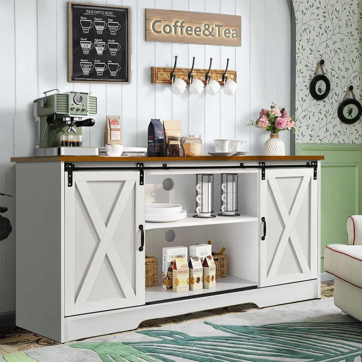 Farmhouse Coffee Bar Cabinet with Sliding Doors & Adjustable Shelves, White