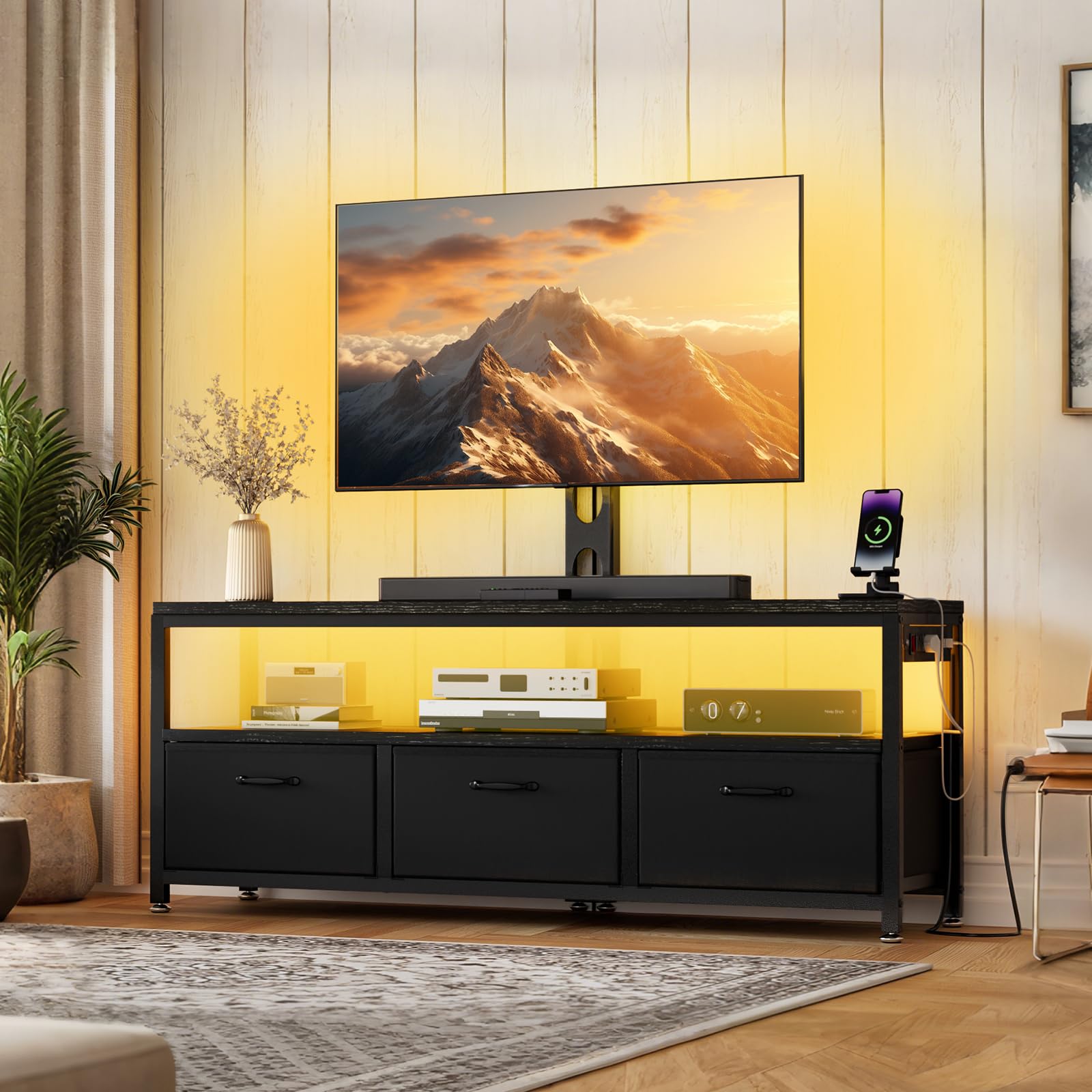 JUSTOGO TV Stand with Mount and Power Outlet, TV Stand Mount with Storage for Living Room, Entertainment Center with LED Lights for 45 55 60 65 inch, Height Adjustable Media Console, Black
