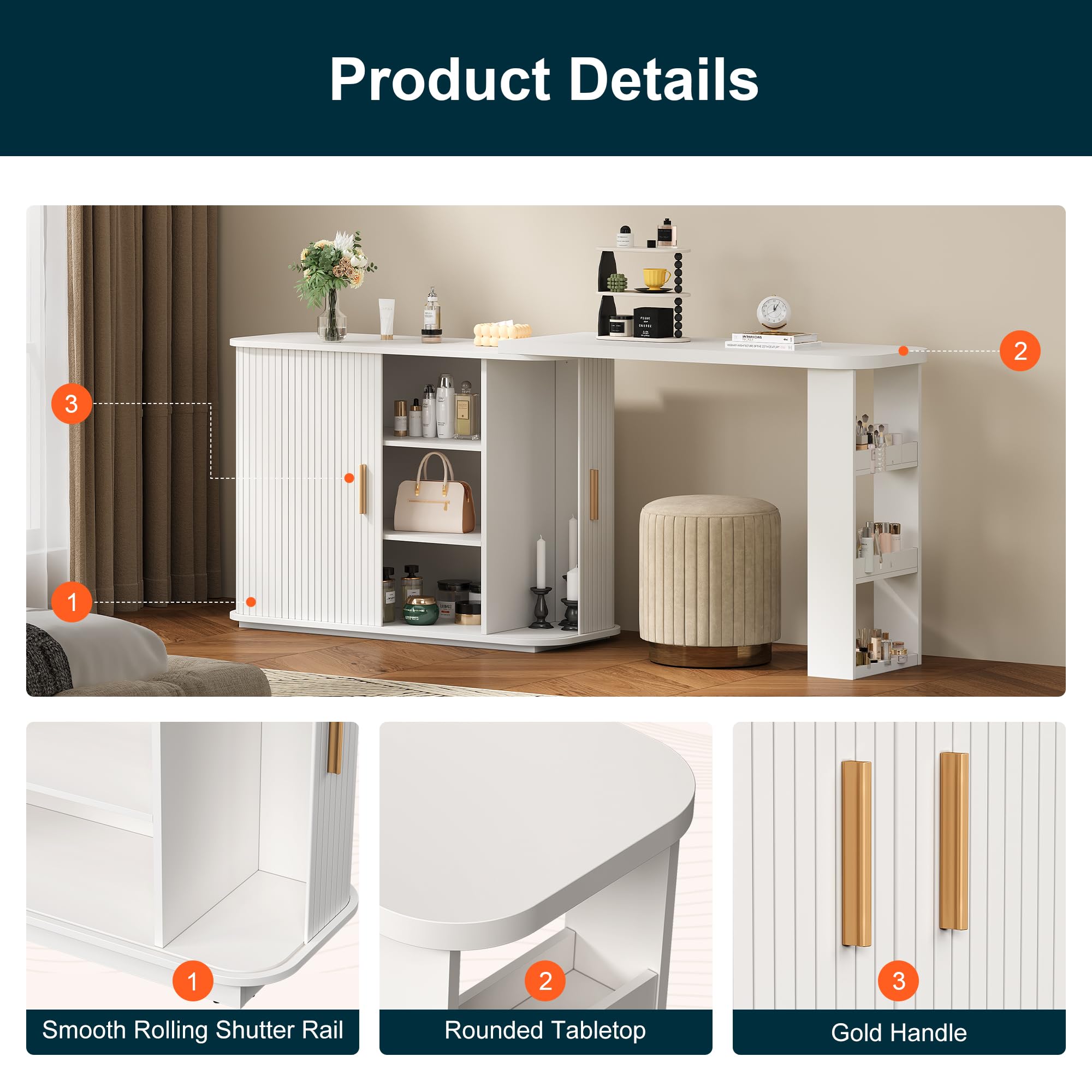 RoyalCraft 68” Extendable Makeup Vanity Desk, Modern L-Shaped Corner Vanity Desk with Silding Door, White Fluted Makeup Table with Curved Desktop and Adjustable Shelf, Wood Dressing Table for Bedroom