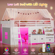 ADORNEVE Low Loft Bed Twin Size with Bookshelf, Reading Nook, LED Kids Loft Bed with 3 Drawers, Under-Bed Play Space, House Loft Beds with Safety Guardrail, Inclined Ladde & Play Curtain, White