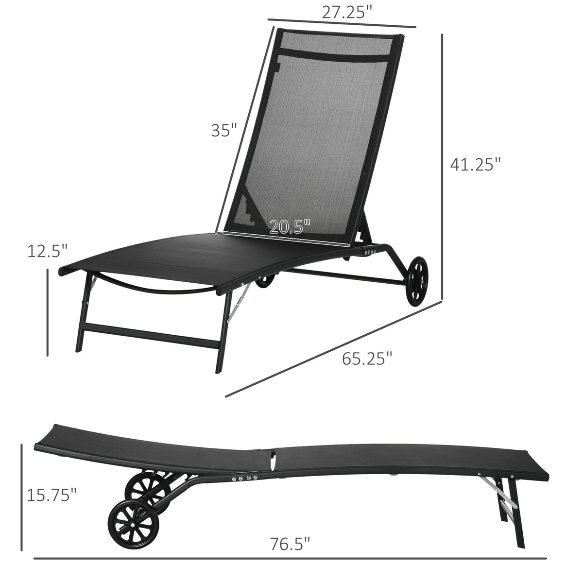 Outsunny Chaise Lounge Outdoor, 2-Piece Lounge Chair with Wheels, Black