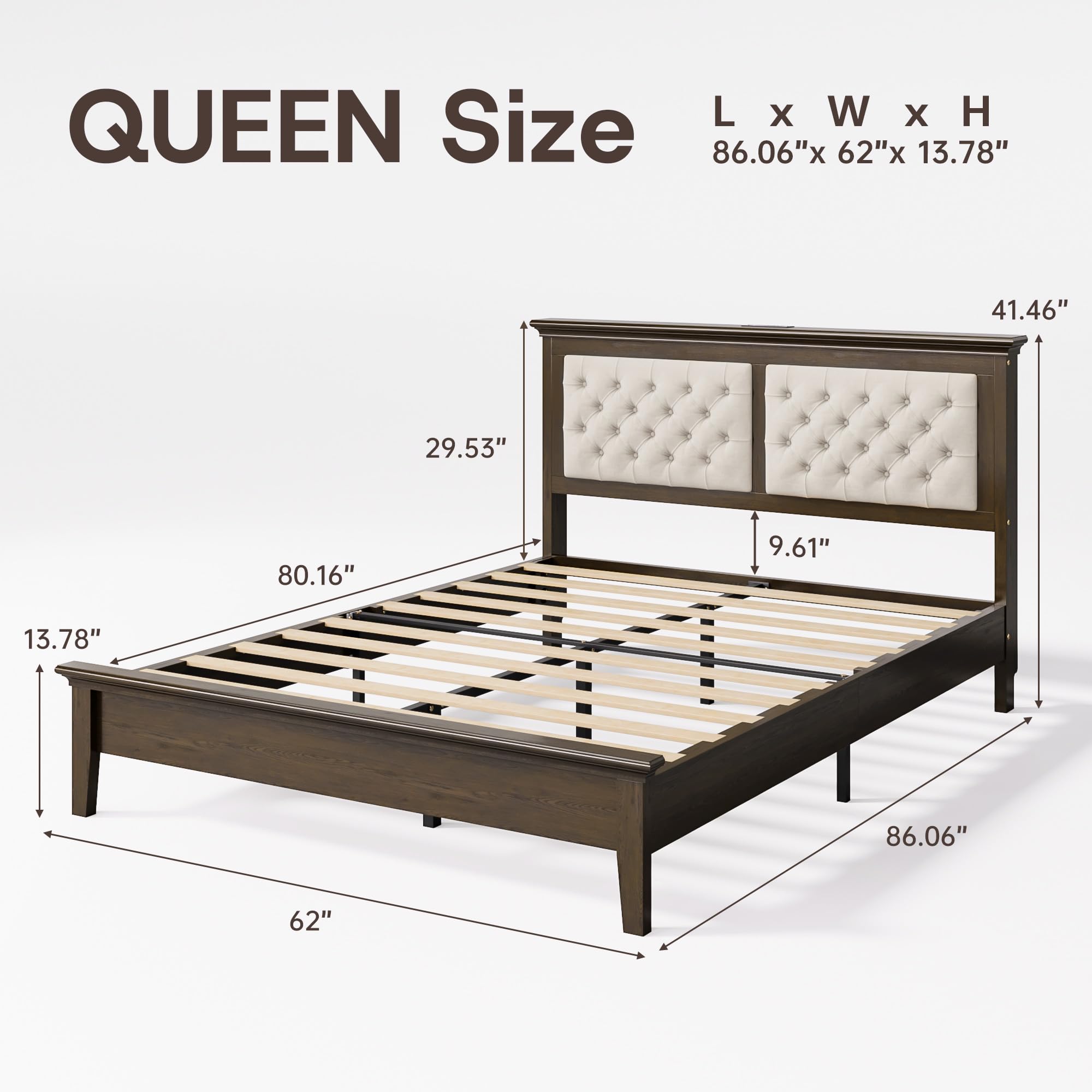 Lifezone Solid Wood Queen Size Bed Frame 41.5” Tall Diamond-Tufted Upholstered Headboard, American Classic Flat-Top Bed, Stable Structure, Wood Slats Support, Noise-Free, No Box Spring Needed, Walnut