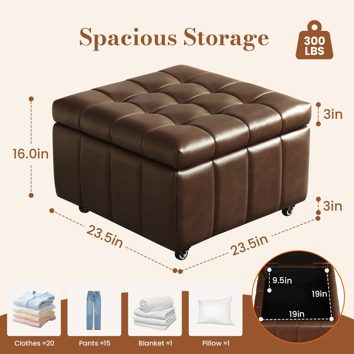 Faux Leather Rolling Storage Ottoman