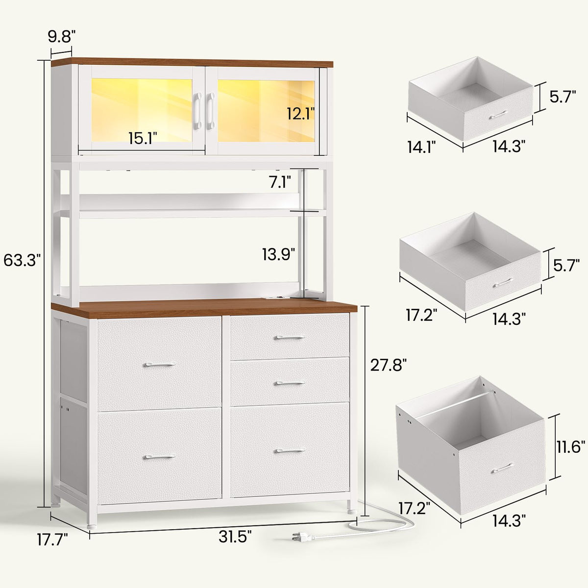 SEDETA 5 Fabric Drawer File Cabinet with Power Strip, 31.5" Filing Cabinet fits Legal, Letter, A4 Size File for Home Office with Printer Stand, LED Lights and Storage Shelf, White + Brown