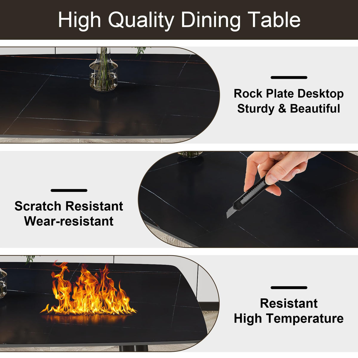 WEKEOT 50" Rectangular Sintered Stone Dining Table for 4 Minimalist Kitchen Table with Black Metal Legs Dinner Table for Kitchen Dinette Breakfast Nook (1 Table, Black)