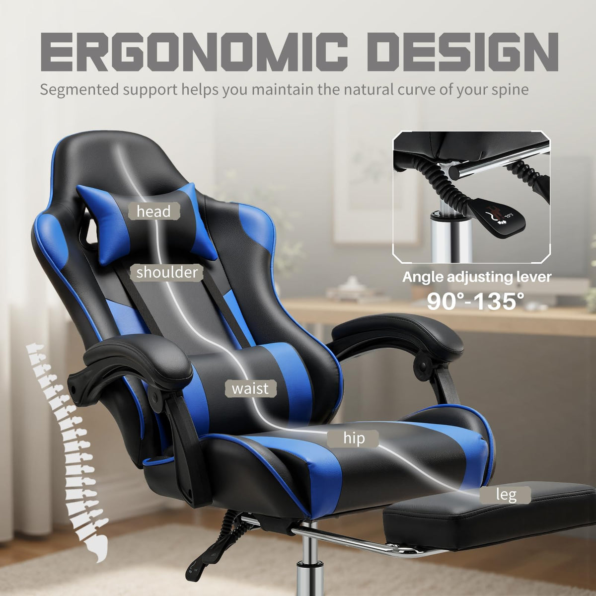 DUMOS Ergonomic Gaming Chair with Footrest, Home Office Desk Chair