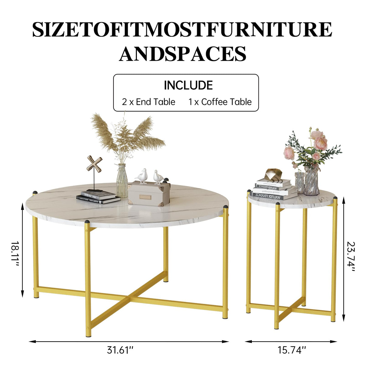 Lamerge Coffee Table Set of 3,Modern Faux Marble Top with Golden Frame,1 Coffee Table & 2 Accent Table, Living Room Table Set, for Apartment,Office and So on,White & Gold (LCTR-W)