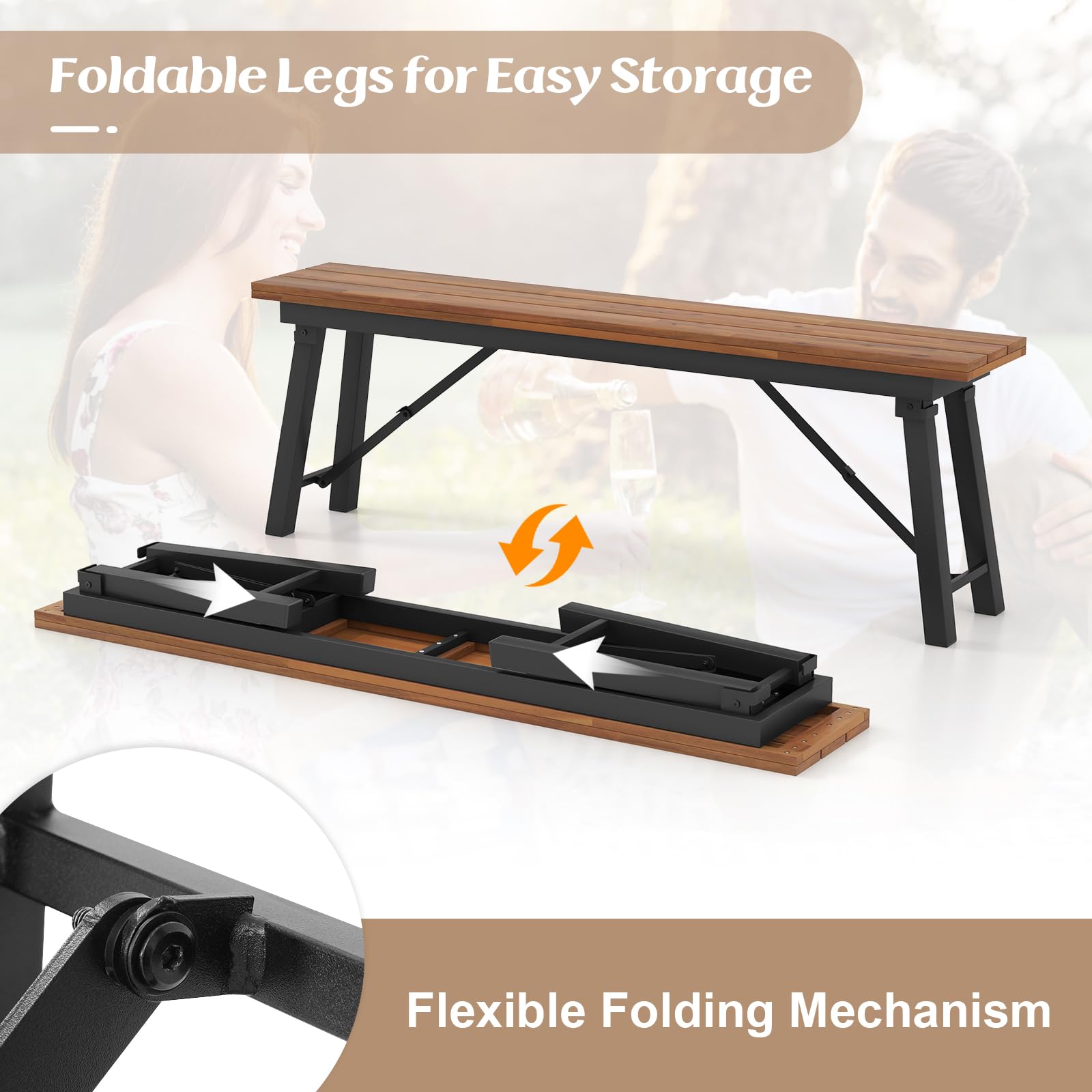 Folding Acacia Wood Outdoor Bench, Set of 2