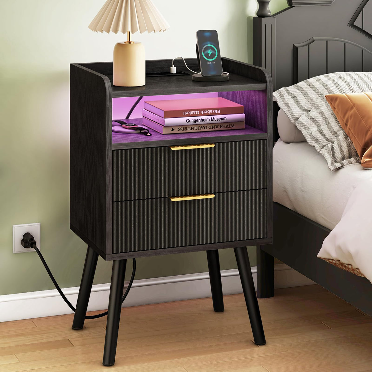 Fixwal Black Nightstand with Charging Station, 2 Fluted Wood Drawers