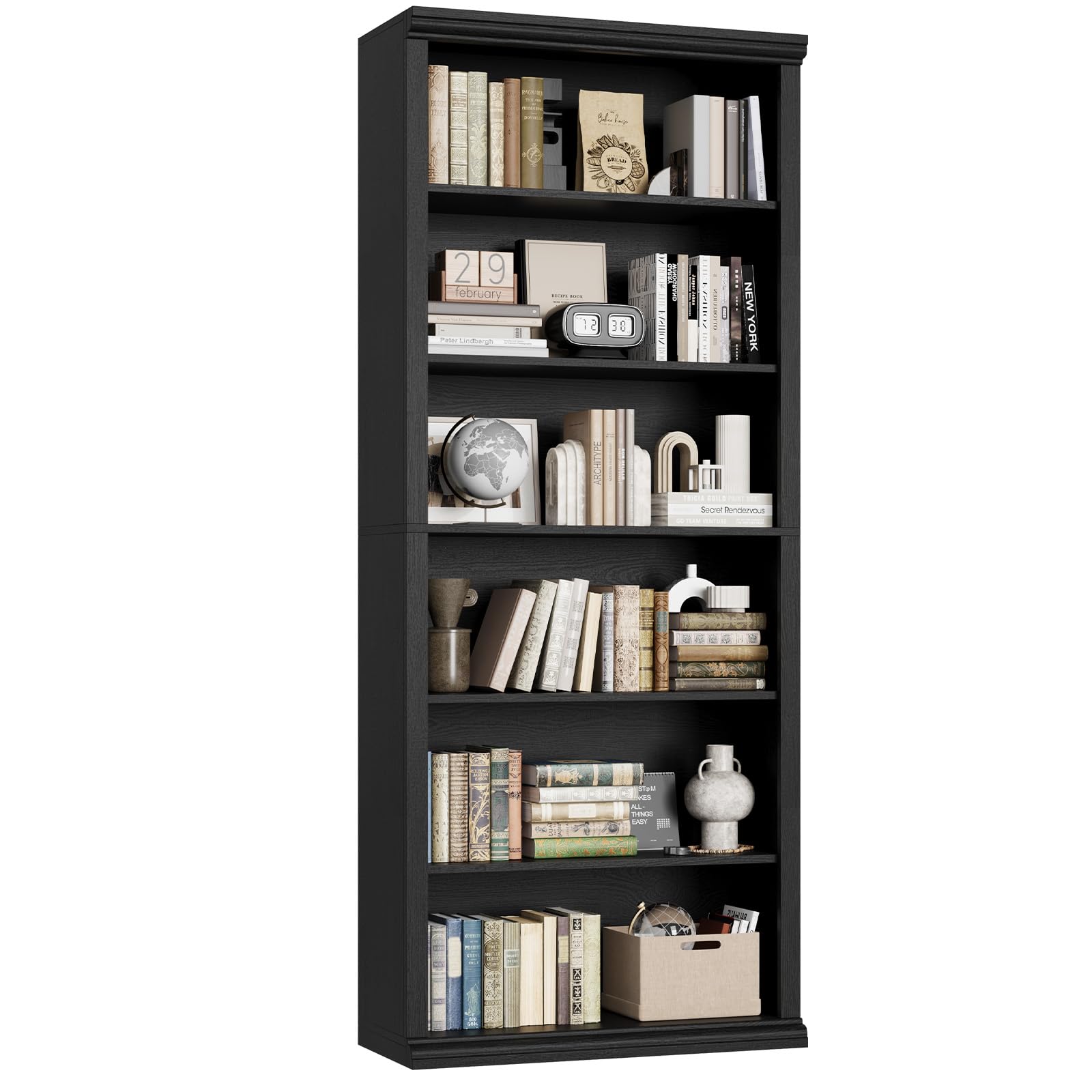 Rresyet Bookcase and Bookshelves, 28" W Tall Bookshelf with Elegant Design, 6 Tiers Spacious Book Storage, Freestanding Book Organizer, Display Library Shelf for Home Office, Living Room & Study Room