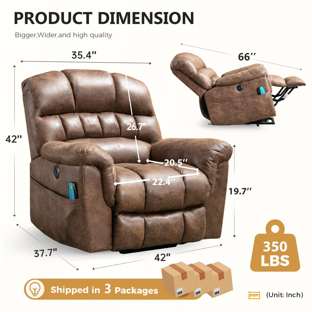 HAOMARKETS Oversized Power Leather Lift Recliner with Massage and Heat for Elderly, Electric Lifting Reclining Chair with Side Pockets and USB Port for Living Room, Brown