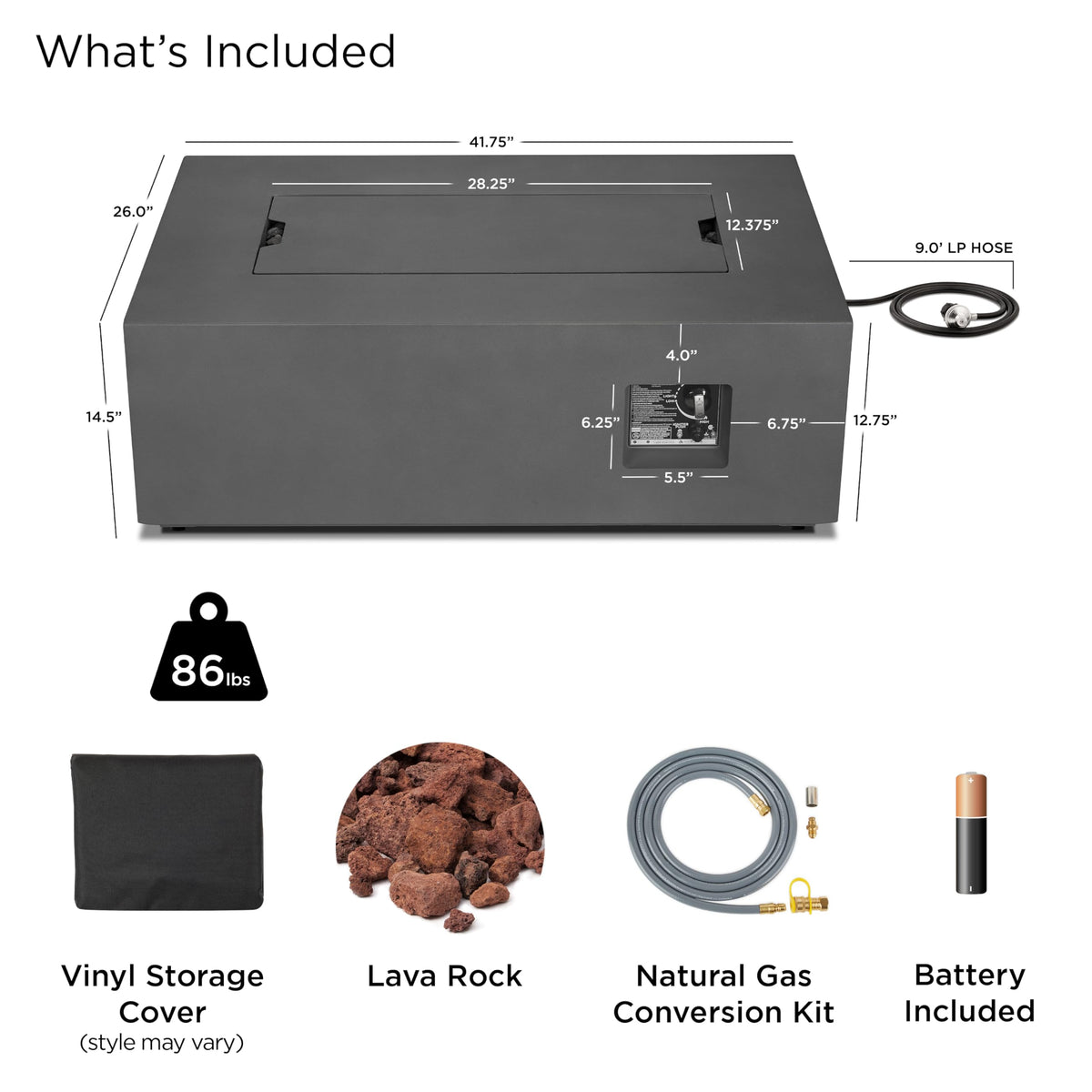 Real Flame Aegean 42in Rectangle Propane or Natural Gas Fire Pit Table, 50,000 BTU, Powder-Coated Steel, Push-Button Ignition, Lava Rock, Storage Cover, Stainless Steel Burner - Weathered Slate