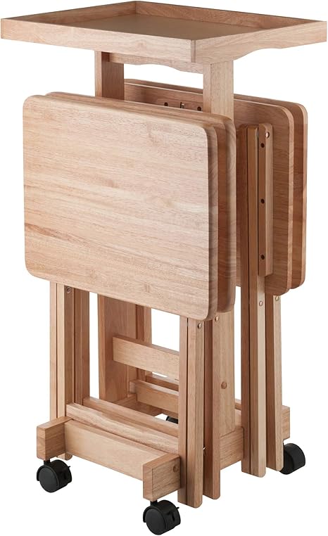 5-Piece Solid Wood Snack Table Set with Rolling Stand