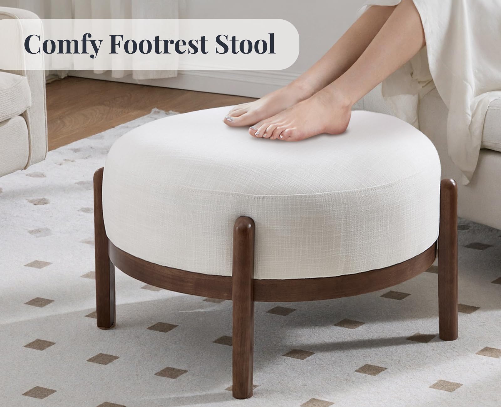 Round Upholstered Ottoman with Wood Legs