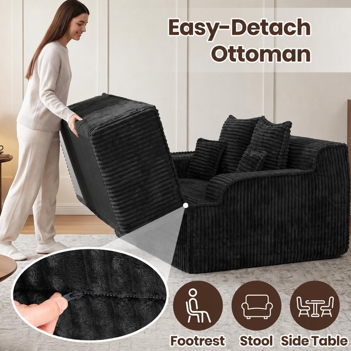 NLDD Corduroy Chaise Lounge Chair with Detachable Ottoman, Convertible Modular Reading Chaise Lounge, High-Density Foam Single Person Relaxation Chair for Living Room,Apartment,Small Spaces