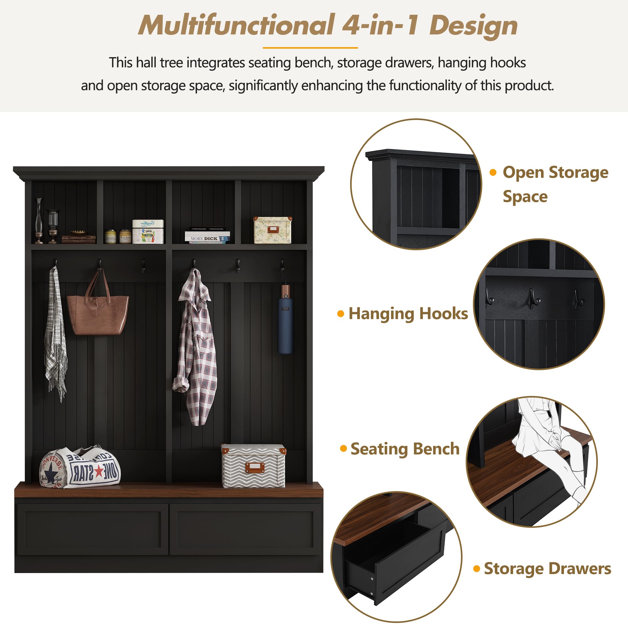 Farmhouse Hall Tree with Bench, Storage Drawers & 6 Hooks