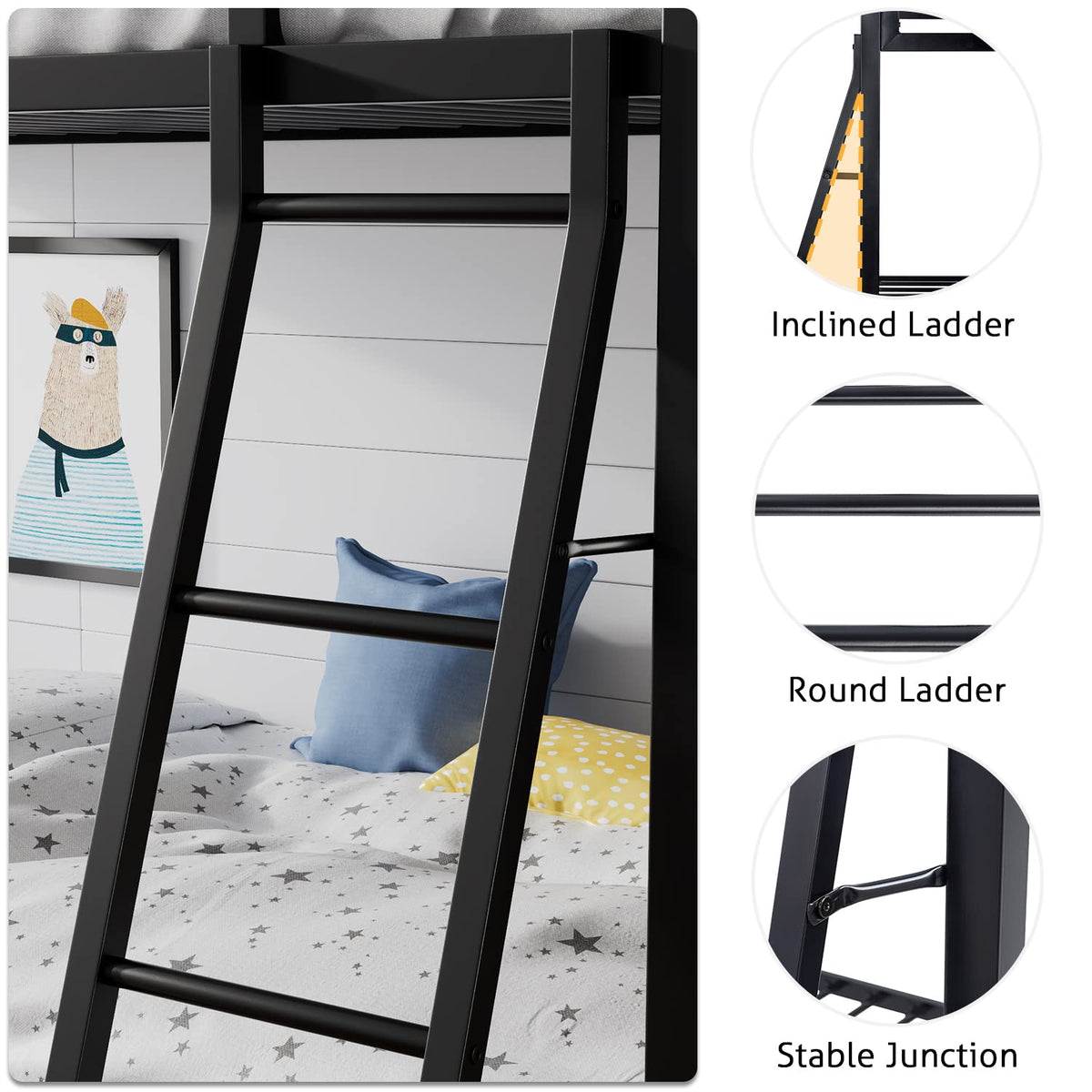 SHA CERLIN Bunk Bed Twin Over Twin Size with Ladder and Guardrail,Black