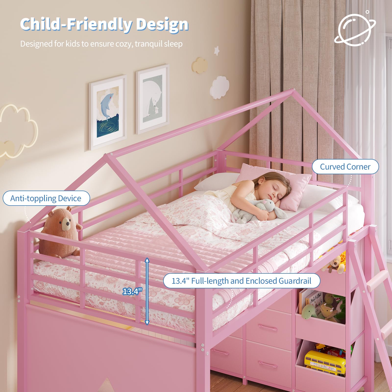 Twin Over Twin House Bunk Bed with LED Lights & Storage