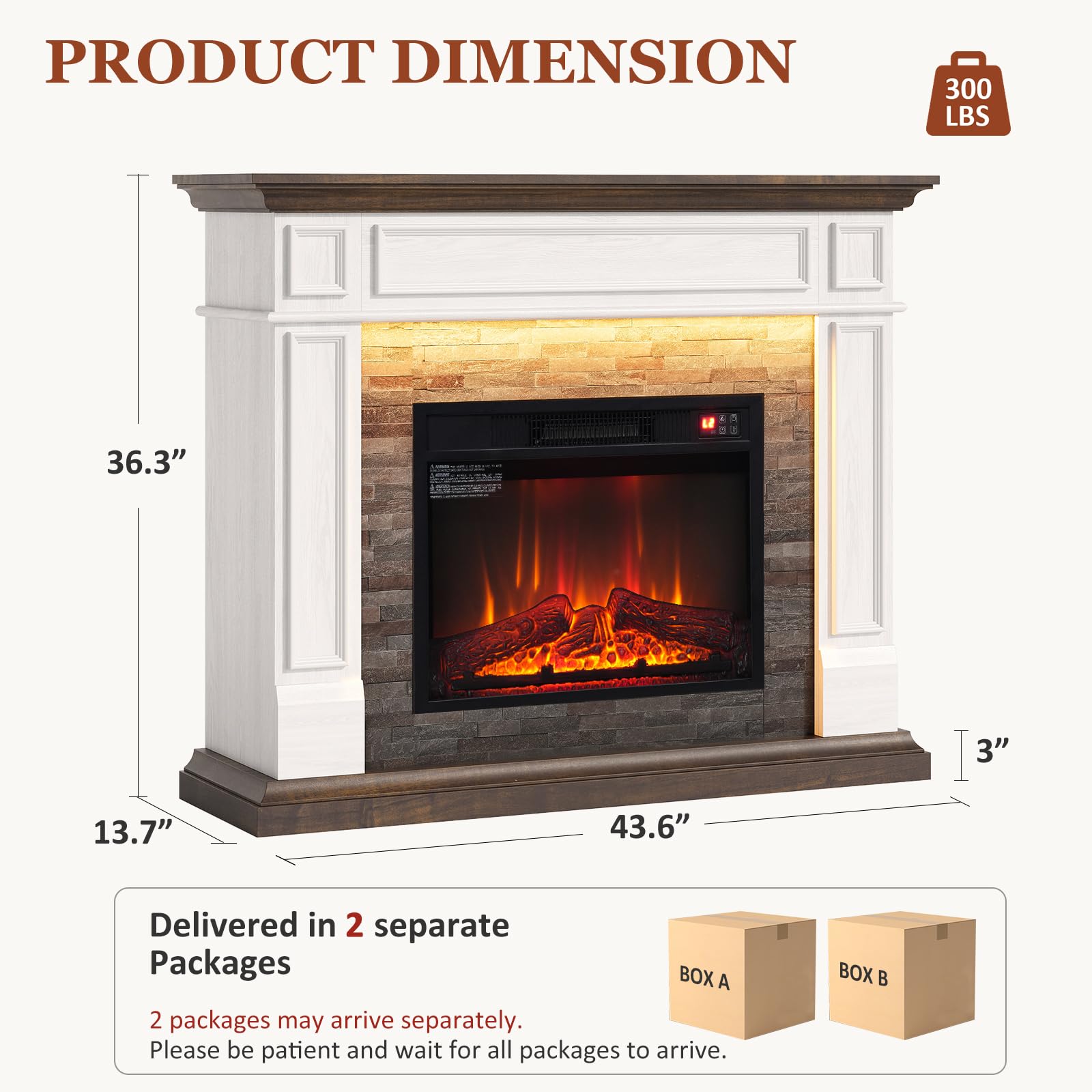 44 Inch Electric Fireplace Mantel with LED Farmhouse TV Stand, Stacked Stone Surround, 23" Insert, Freestanding Entertainment Center, 3D Flame Heater for Living Room, Bedroom, White & Brown