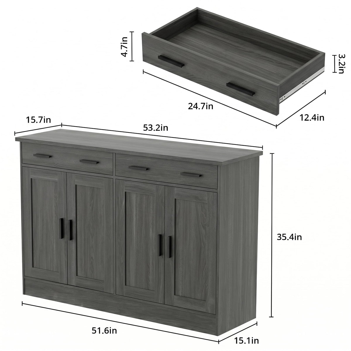 Anystyle 53" Dark Grey Buffet Cabinet with Storage, Kitchen Sideboard Buffet Server with 2 Drawers & 4 Doors, Modern Coffee Bar Cabinet Credenza for Dining Room, Living Room, Hallway
