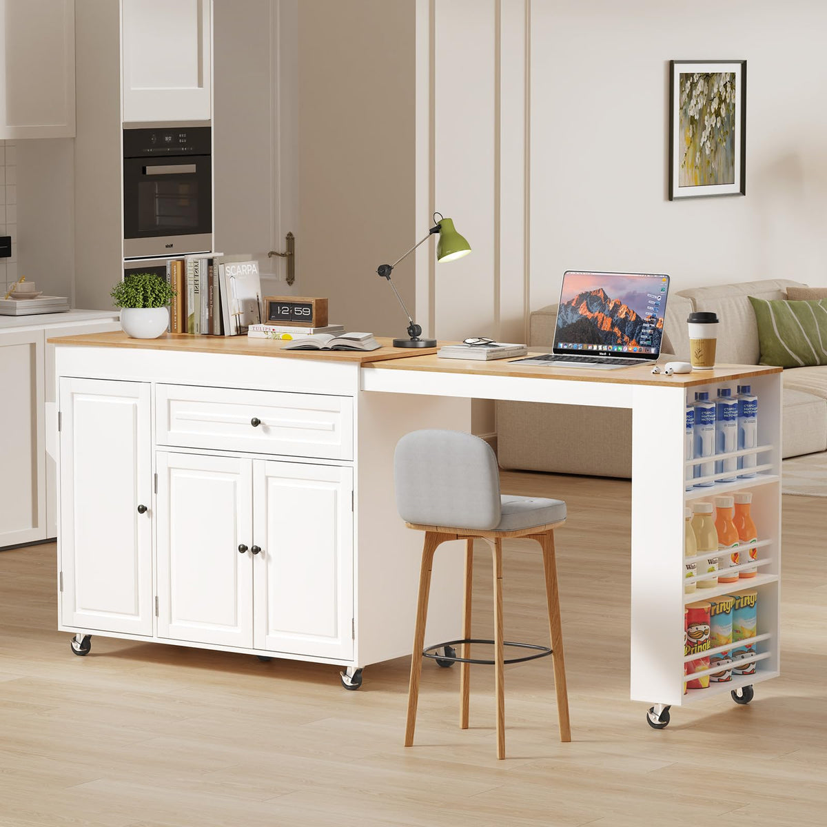 Rymeera Expandable Kitchen Island with Storage Drawer and Wheels, White