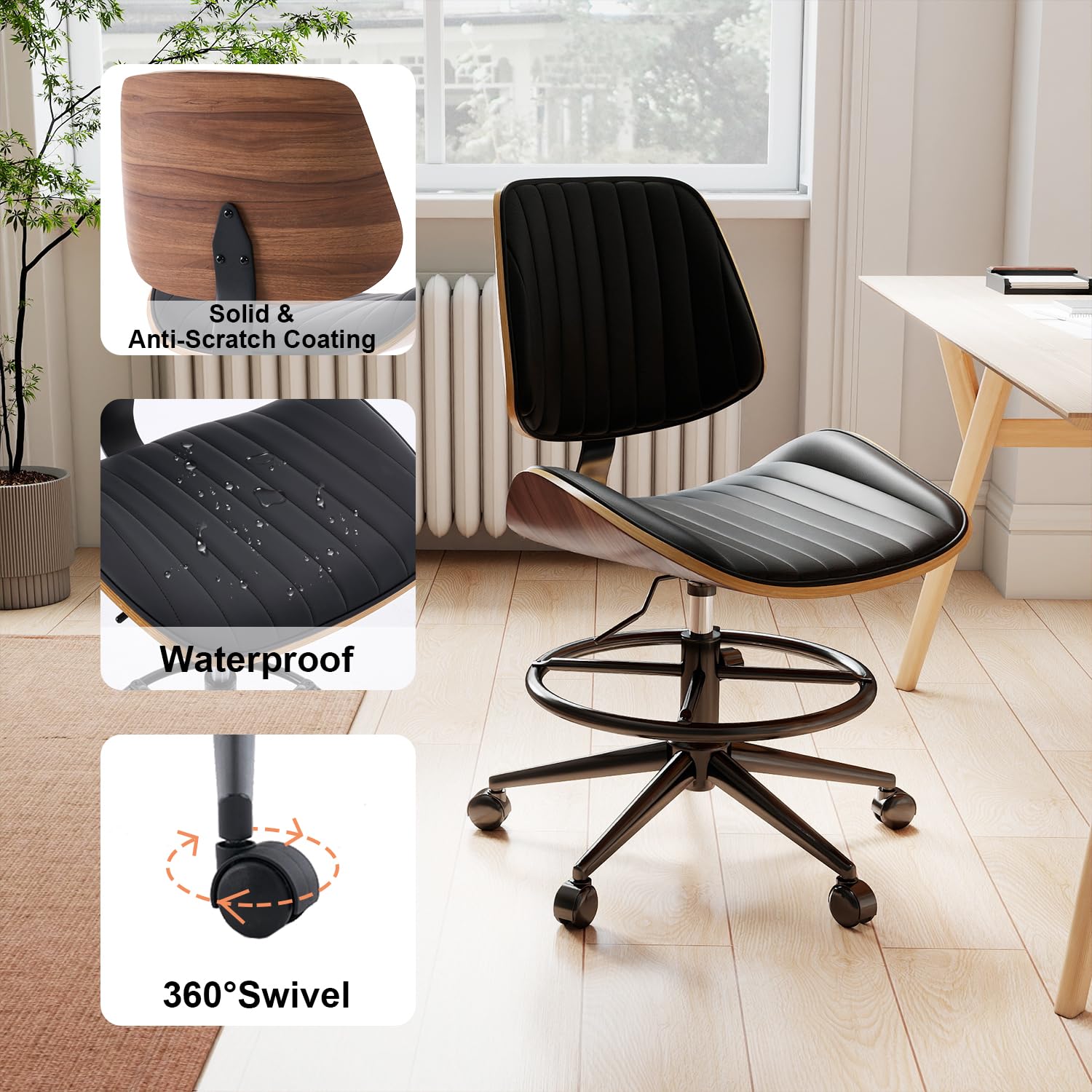 Ergonomic Drafting Chair with Walnut Wood Back