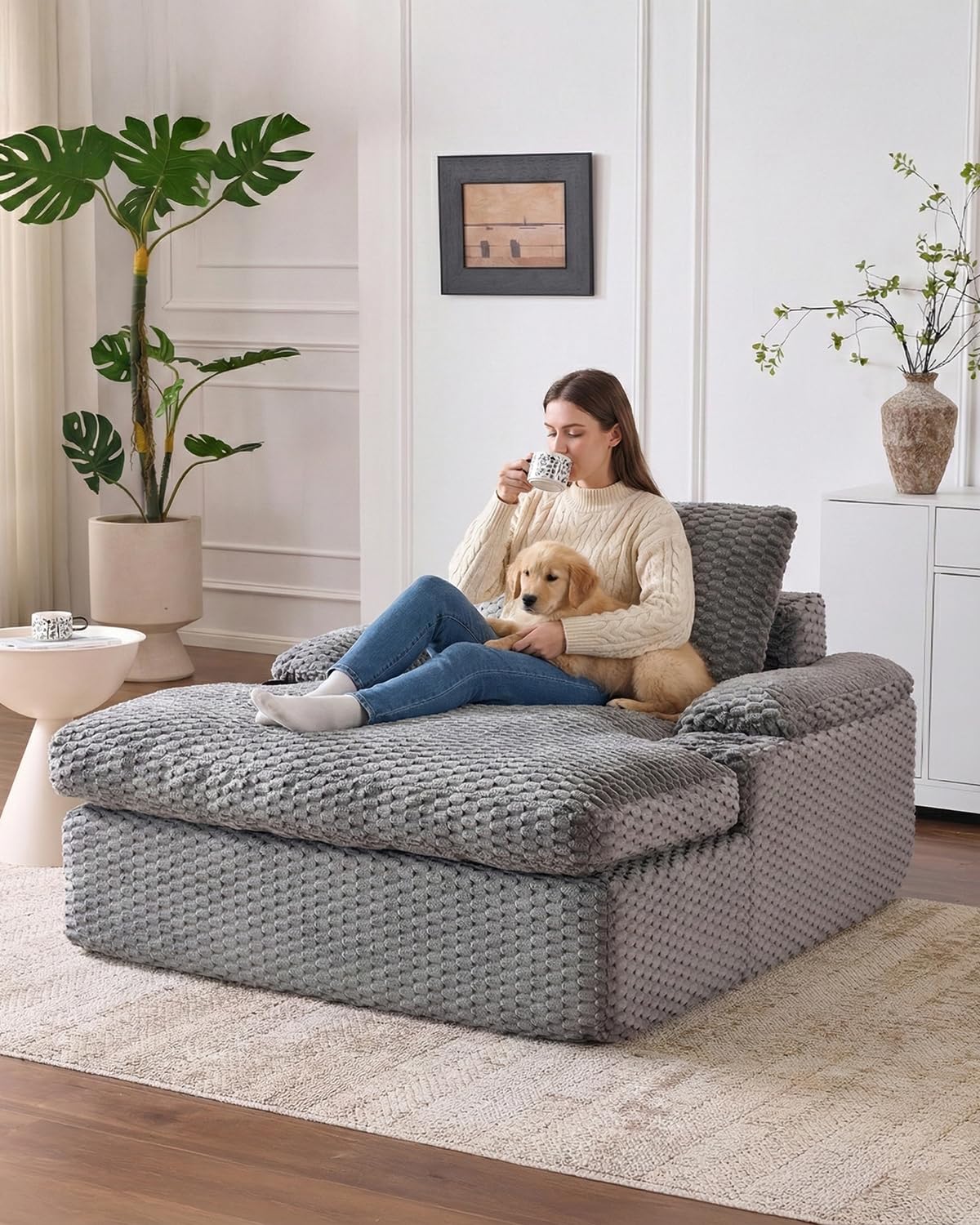Karl home 59.8" Chaise Lounge Chair Indoor,20.1" Deep Seat,Gray
