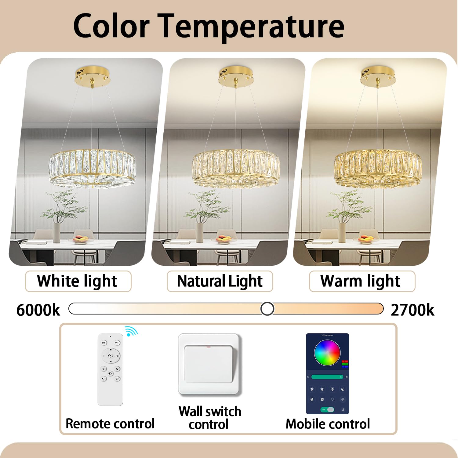 WOSOHYUN 16in Gold Ring Crystal Chandeliers for Dining Room Modern LED Dimmable Ring Pendant Light Chandelier for Living Room Bedroom