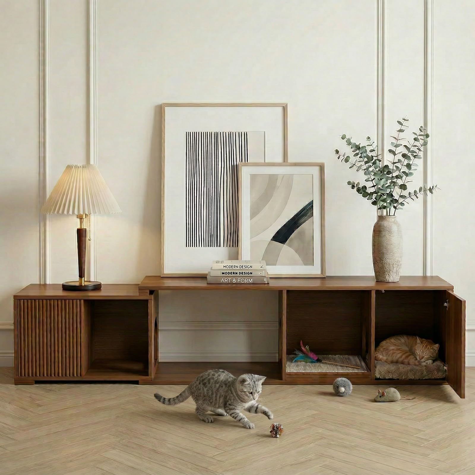 VELTENOVAIRE Extendable TV Stand with Cat House & Built-in Scratcher, Mid-Century Modern Wood Media Console for TVs up to 85+ Inches, Fluted Doors & Hidden Storage for Living Room, Walnut