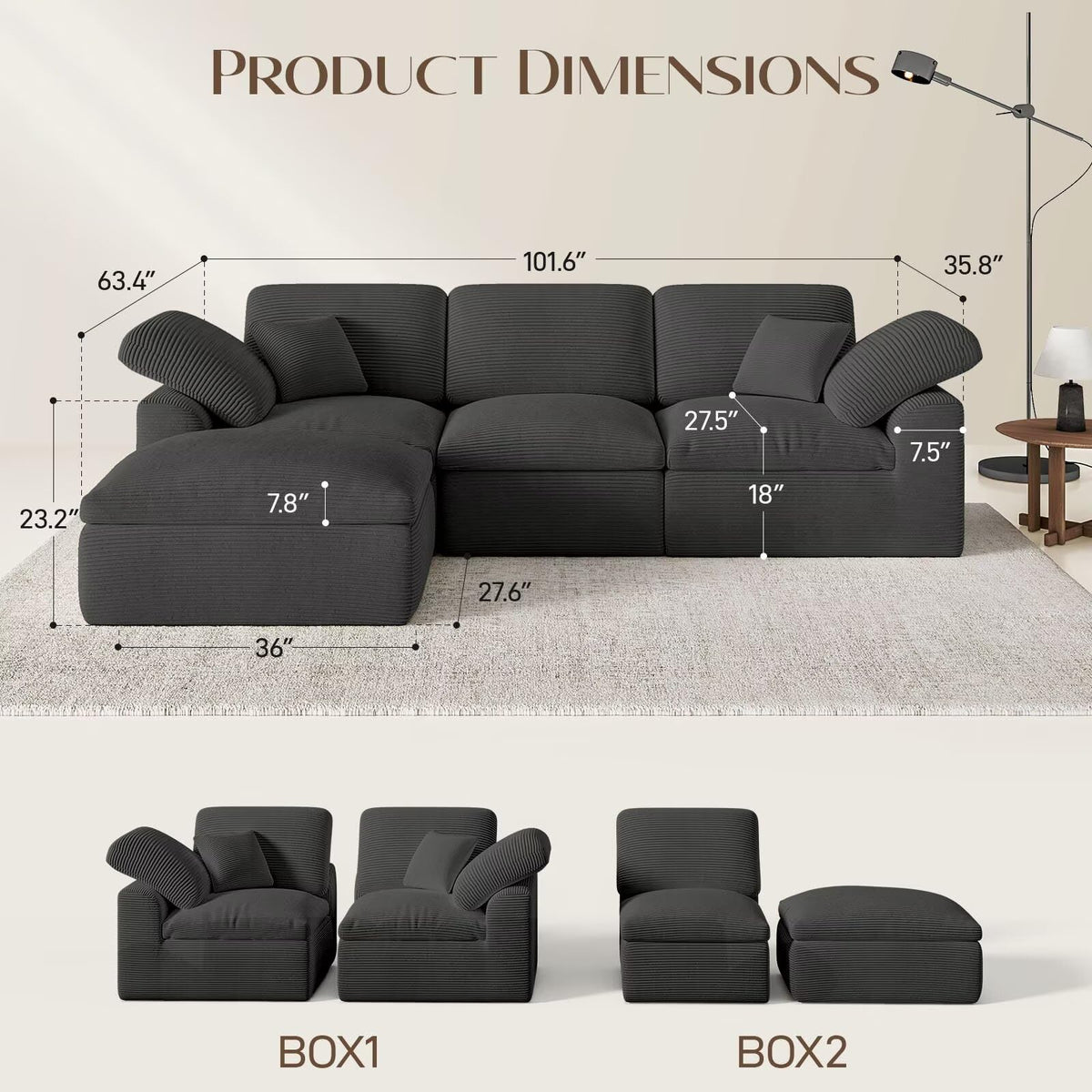 Corduroy Modular Sectional Sofa with Ottoman