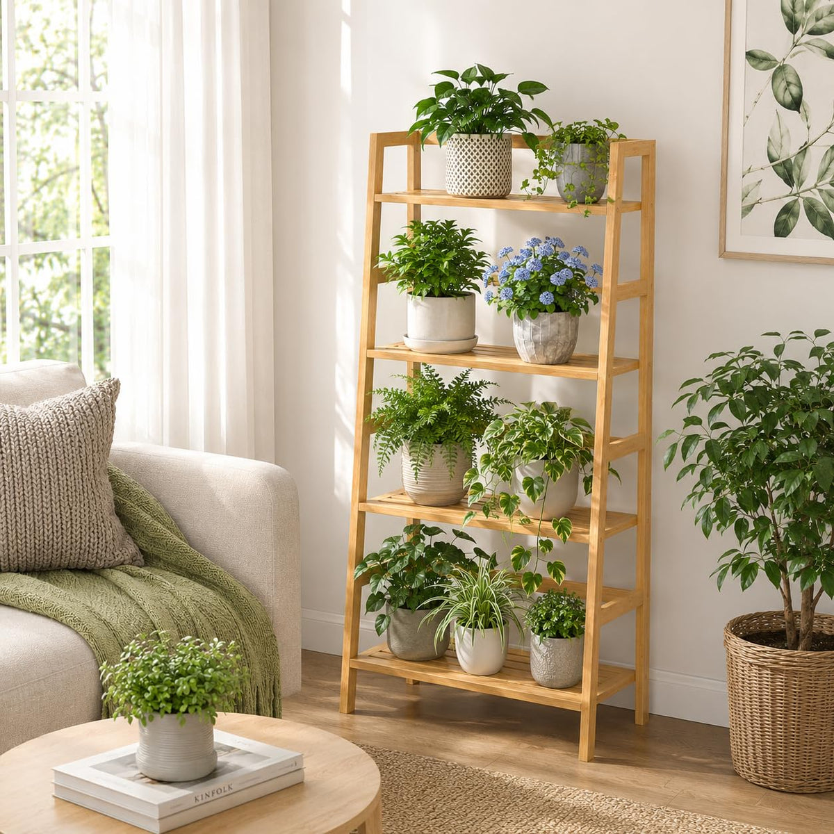 4-Tier Bamboo Ladder Bookshelf