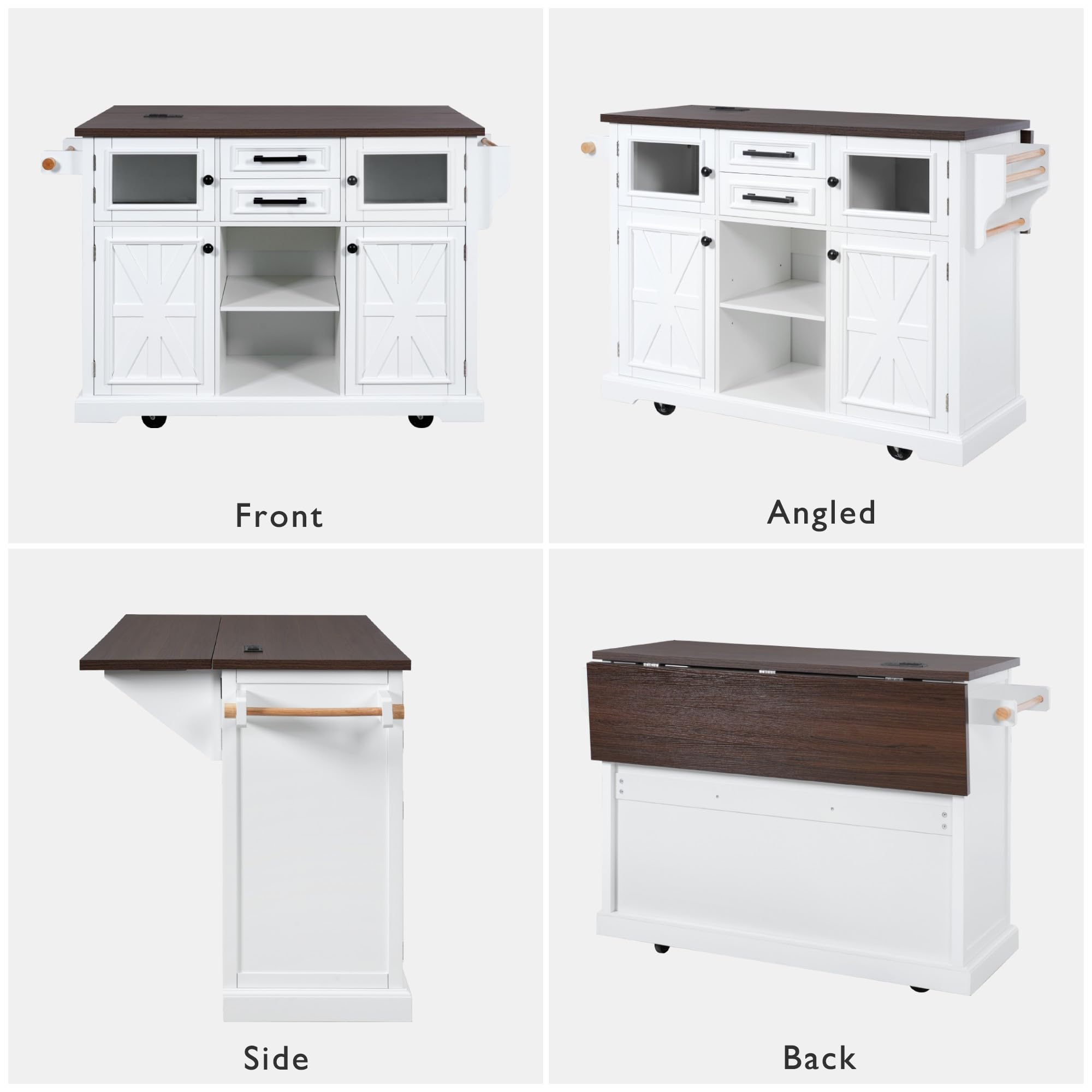 PurityVow 54.9" Rolling Kitchen Island with Drop Leaf, Power Outlet, Kitchen Storage Cart with 4 Door Shelves, Cross Barn Doors & Visual Glass Door, Kitchen Island Table On Wheels for Kitchen (White)