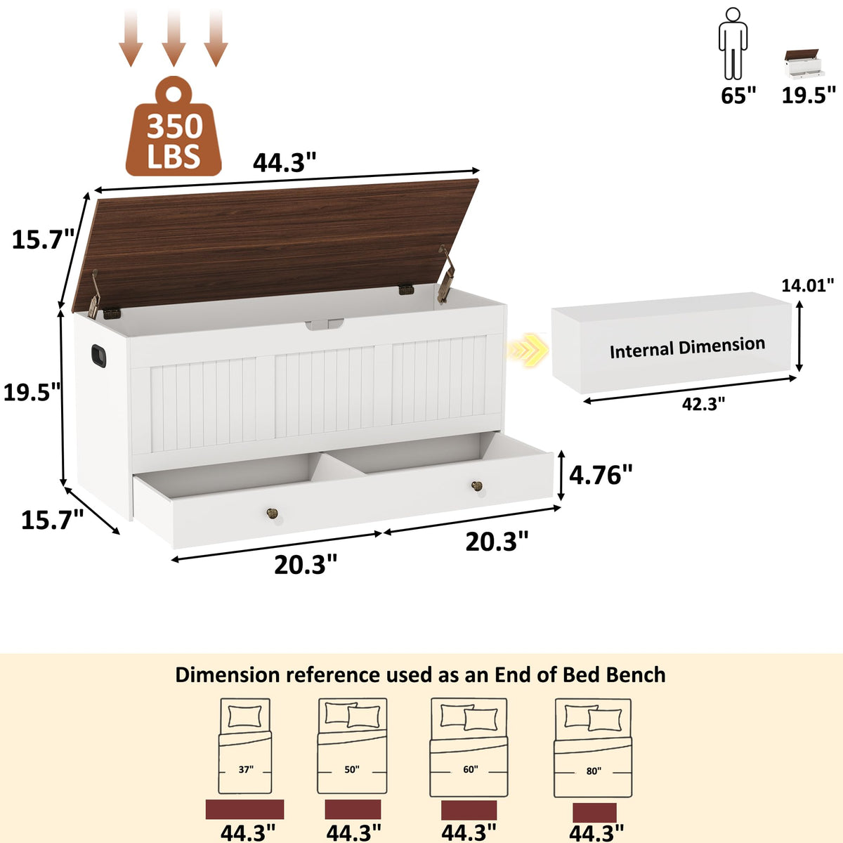 HOMEFORT 44.3" Storage Chest with 2 Drawers, Retro Wooden Storage Trunk with 2 Safety Hinges,Large Shoe Bench with Storage for Entryway, Storage Bench for Bedroom, Living Room, White and Brown