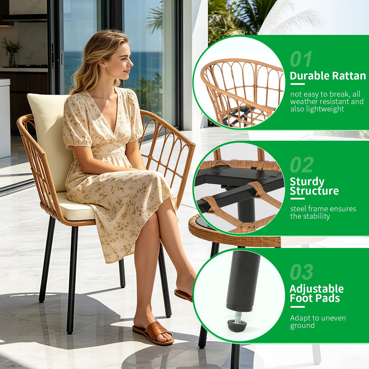 FDW 3 Pieces Patio Furniture Set, Patio Furniture Natural Rattan Patio Chairs Set with Coffee Table Cushion for Patio Porch Backyard Poolside Gardent, Beige