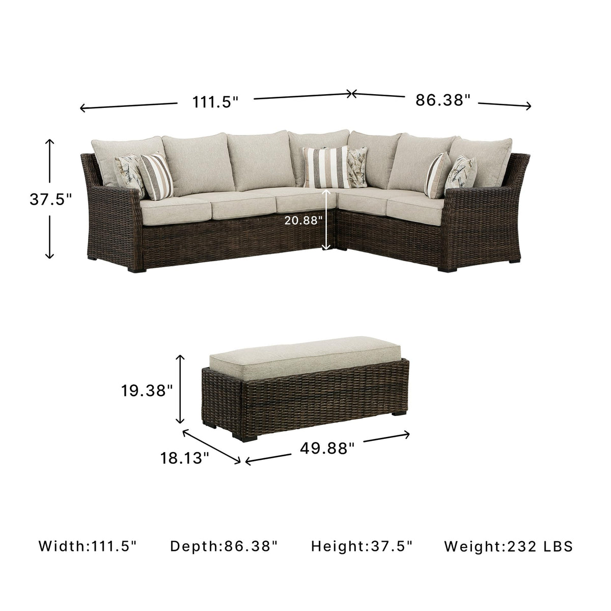 3-Piece Wicker Patio Sectional with Bench