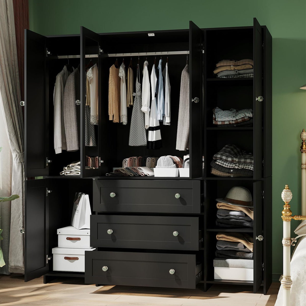 Black Mirrored Wardrobe with Drawers