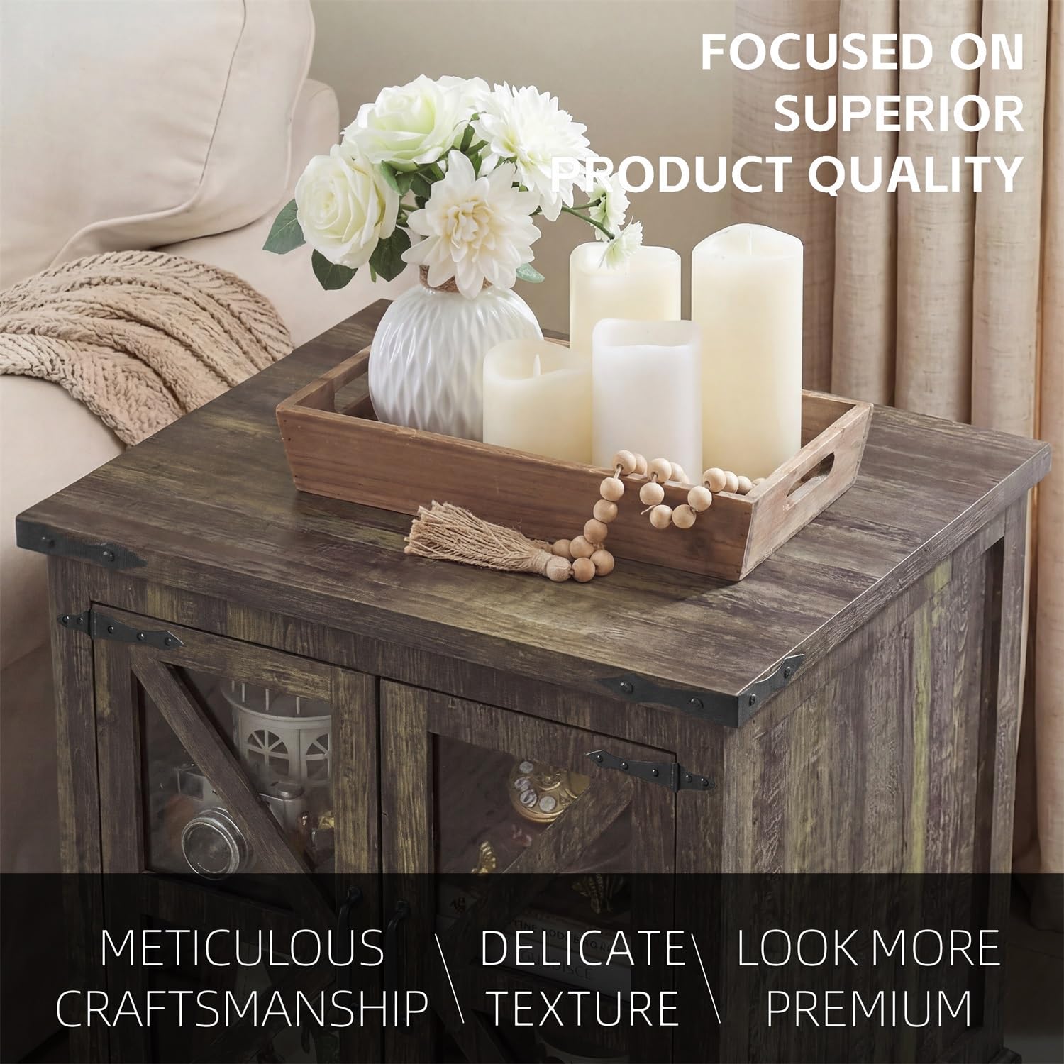 Farmhouse End Table with Glass Barn Door Storage