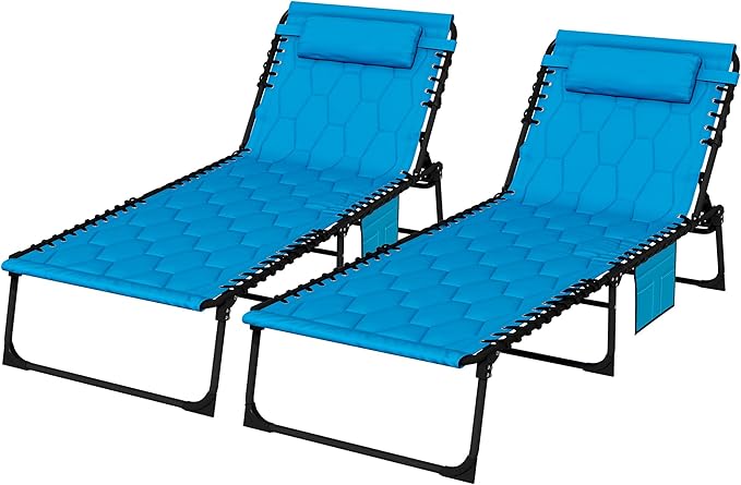 Folding Chaise Lounge Chair Set of 2, 5-Level Reclining with Headrest & Side Pocket