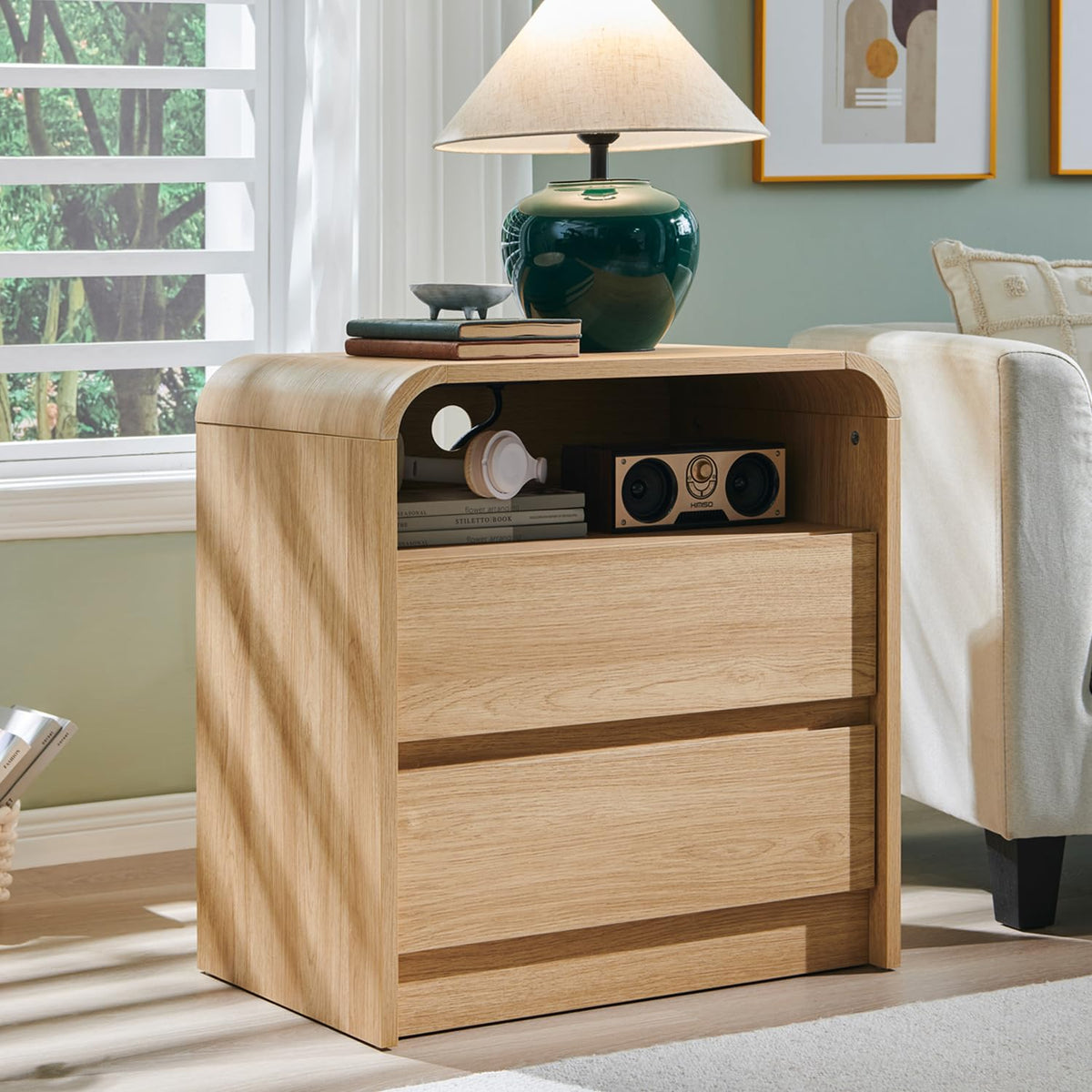 Aitjunz 25" Tall Modern Nightstand Set of 2, Wood Bedside Table,Natural Oak