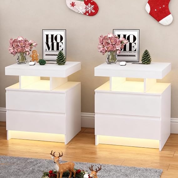 LED Nightstand with Charging Station & 2 Drawers