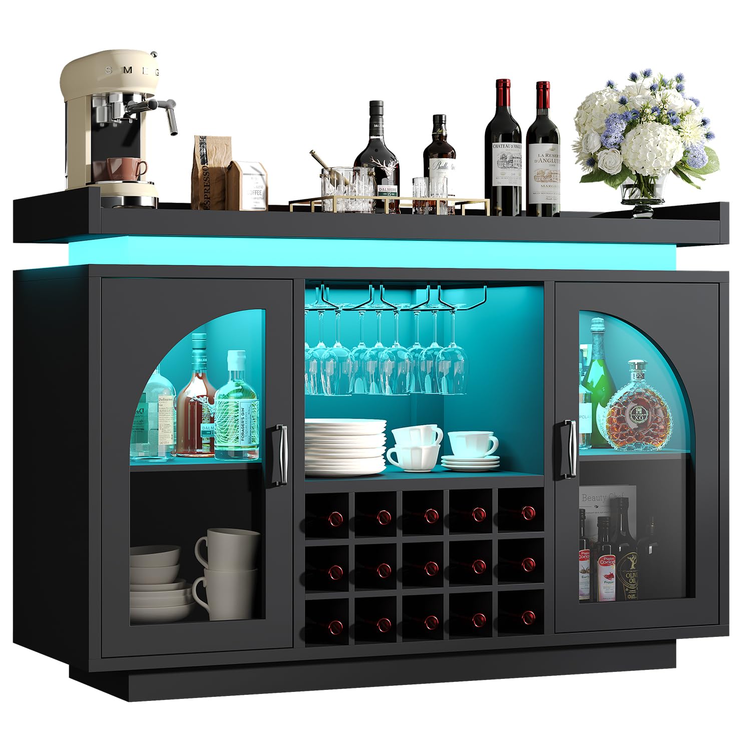 knoworld Wine Bar Cabinet 54'', Black Coffee Bar Cabinet with LED Lights and Outlet, Liquor Cabinet with Wine Rack & Glass Holder, Sideboard Buffet Cabinet for Dining Room, Kitchen