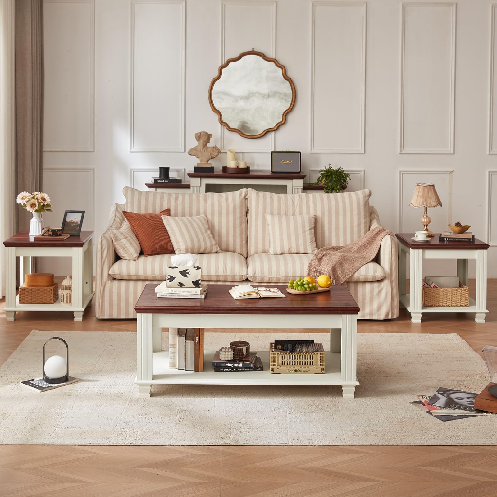 3-Piece Farmhouse Coffee & End Table Set with Open Shelf