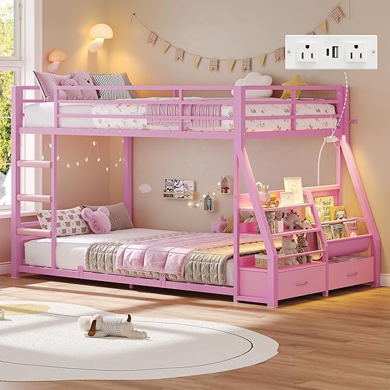 Twin over Twin Low Bunk Bed with Storage, RGB Lights & Power Outlet