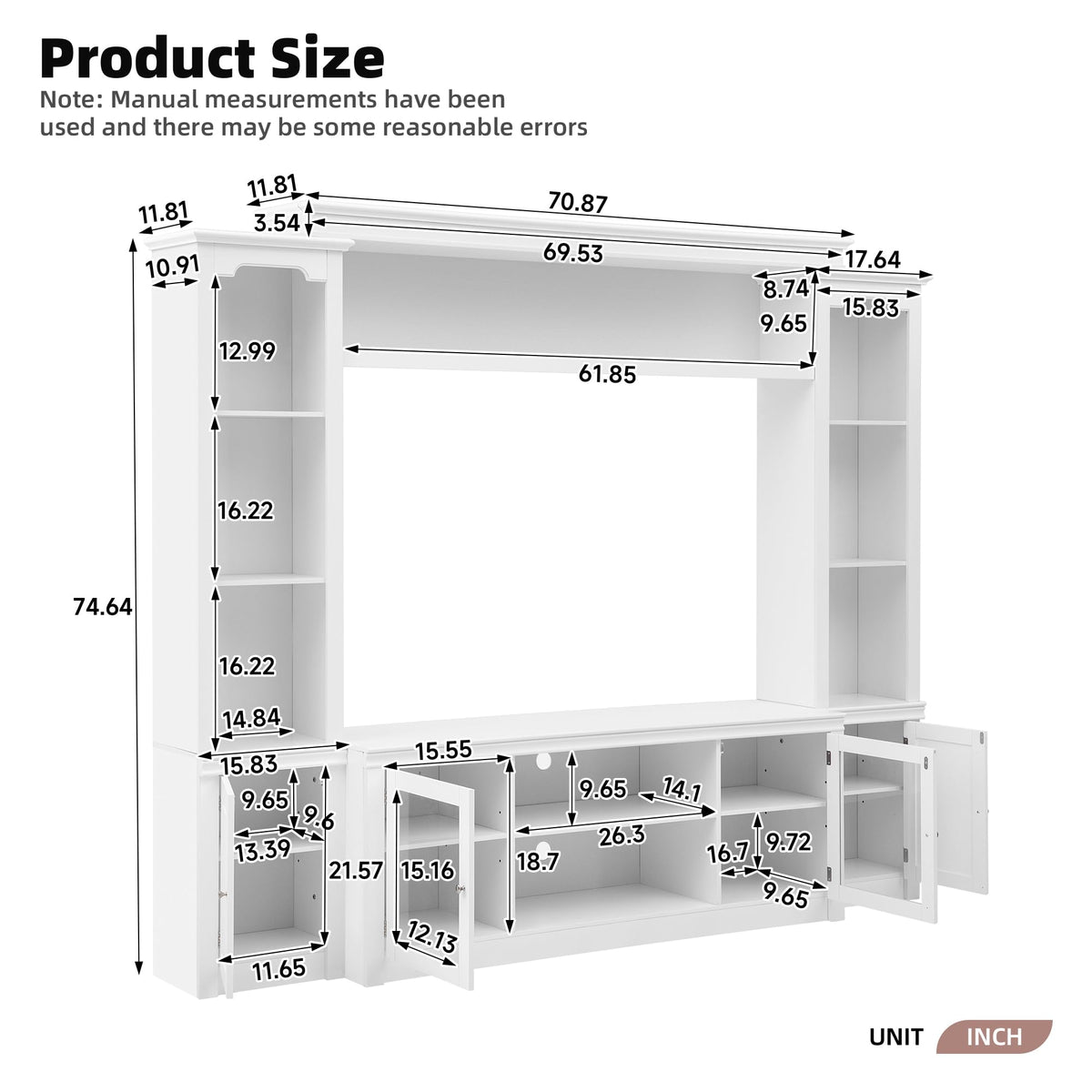 Virubi 4-Piece Entertainment Center with Bookshelf for 65" TVs, White