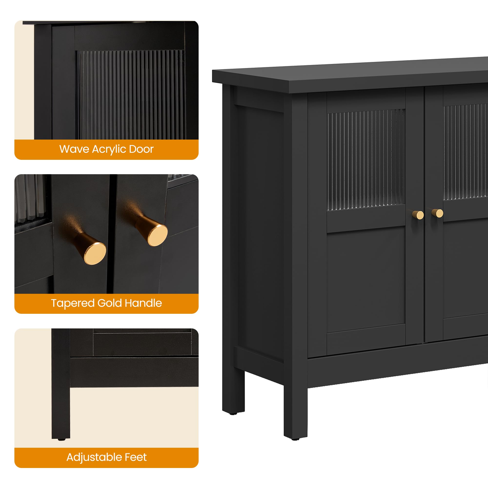 RoyalCraft Buffet Cabinet with Storage, Modern Sideboard with 4 Acrylic Doors & Adjustable Shelves, Wood Credenza Accent Coffee Bar Table for Kitchen, Dining Room, Living Room, Entryway, Black